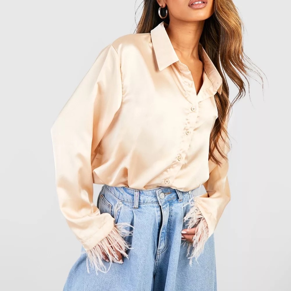 Boohoo Satin Shirt Feather Cuff Detail - US 8 - Champagne